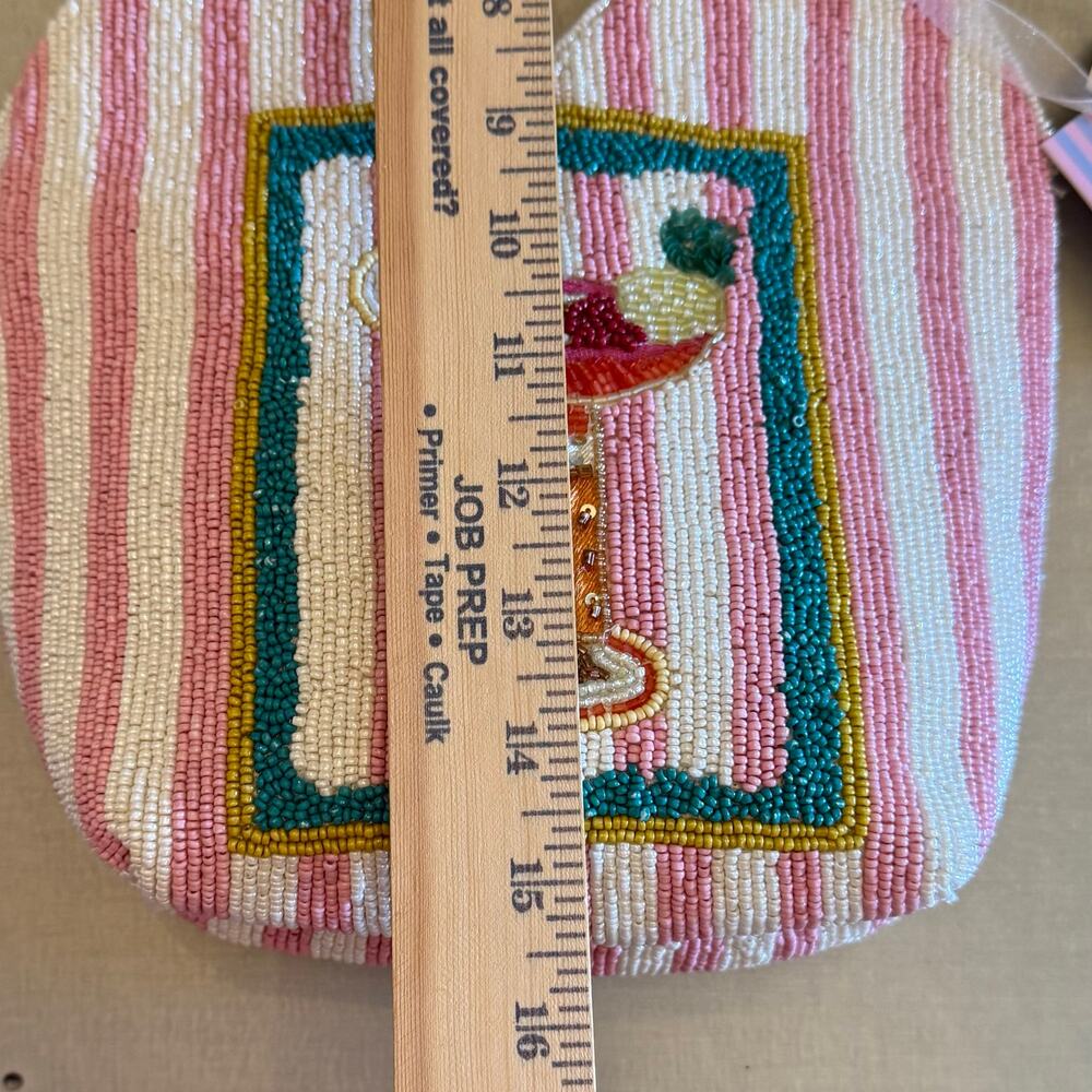 NWT Viral Handcrafted In India Beaded Pink White Striped Tote Cocktail Bag - Picture 10 of 11